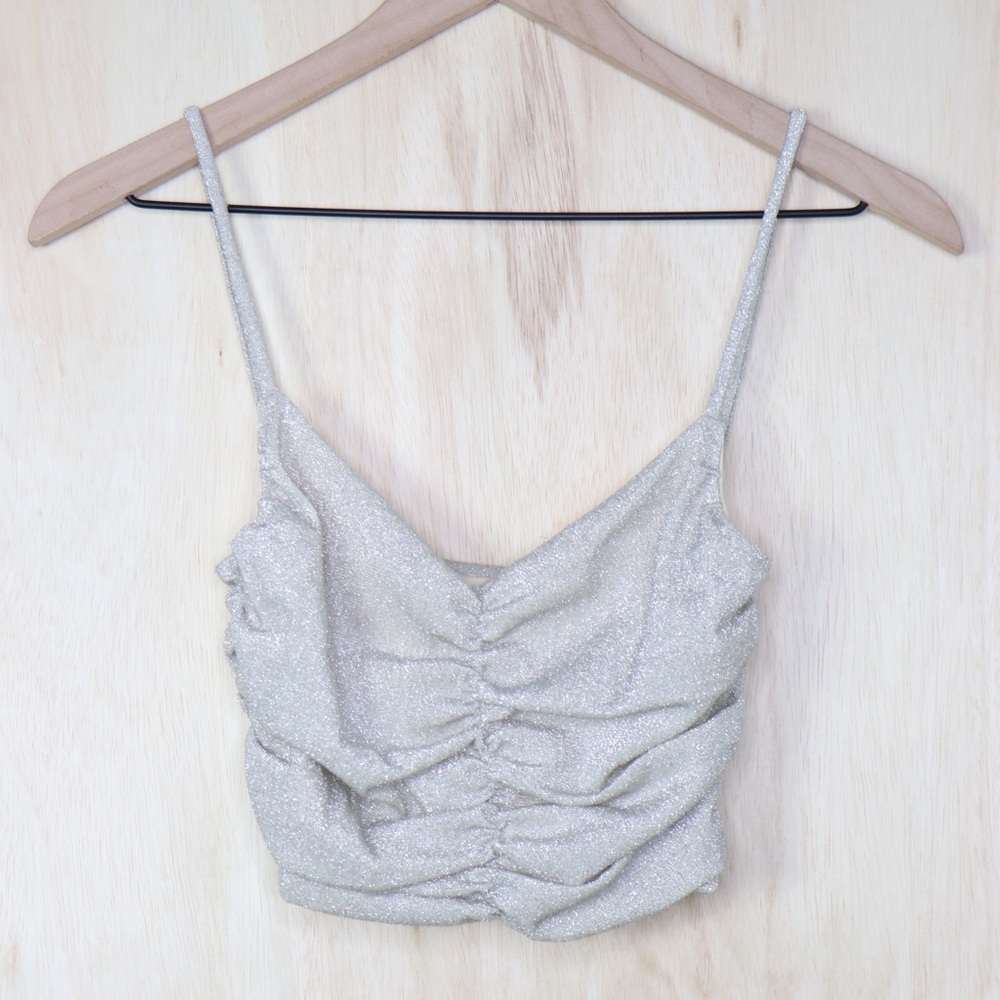 PRINCESS POLLY Gigi Glitter Ruched Crop Top Champagne Size 2 - Picture 2 of 4